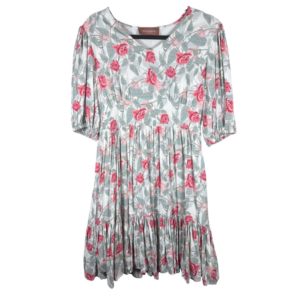 JessaKae Floral Mini Dress Womens Med Pink Rose V-Neck Puff Sleeve Tiered Rayon
